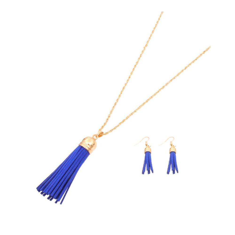 Navy Suede Tassel Long Goldtone Chain Necklace Set